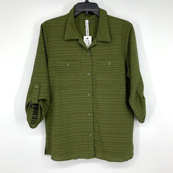 NY Collection Top Green Button Down Roll Tab 3/4 Sleeve NWT - Picture 1 of 11